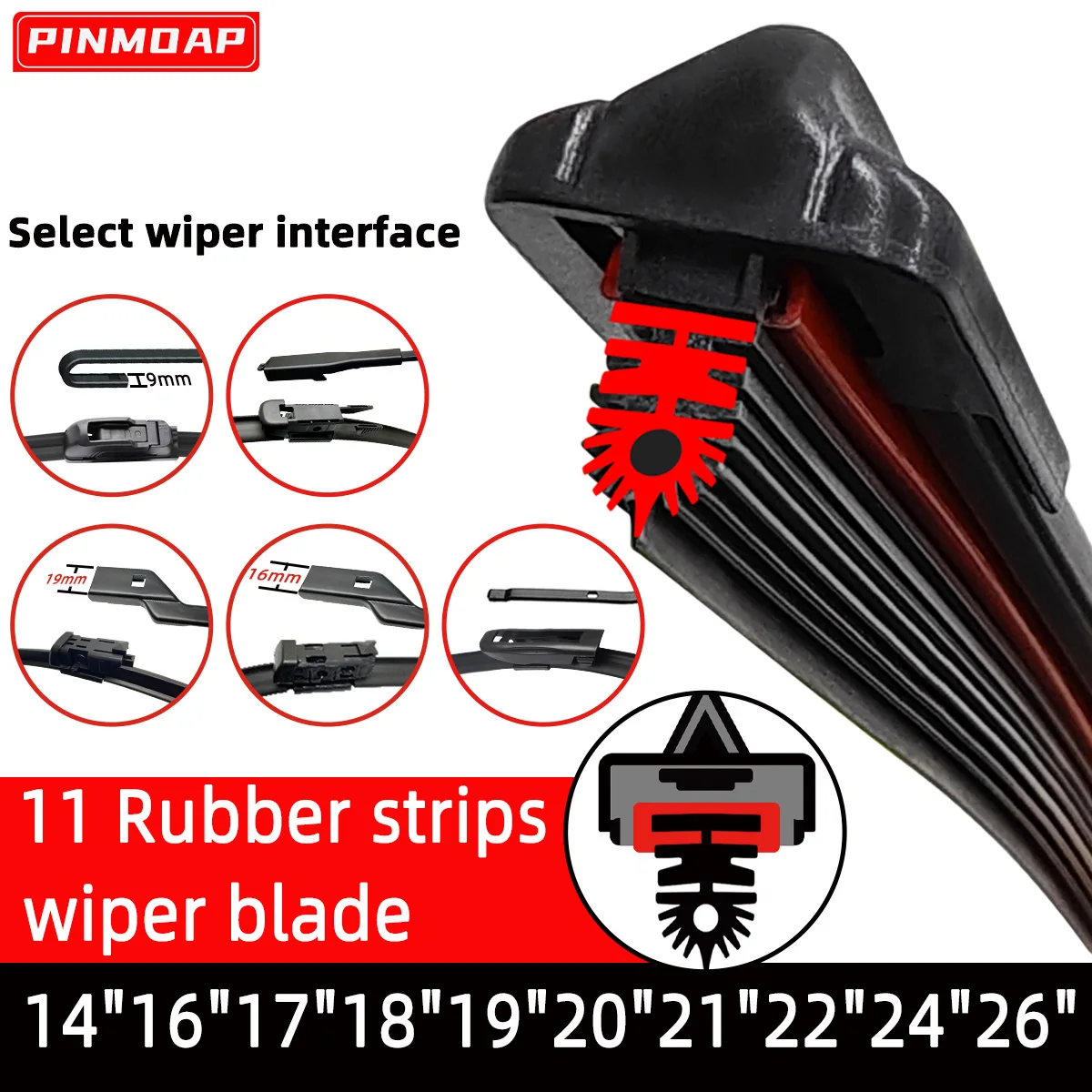 

PINMOAP 11 Layer Rubber Strip Silent Wiper Blade J/19mm/16mm/Bayonet/Pinch Tab Interface Selection 14"16"18"19"20"21"22"24"26"