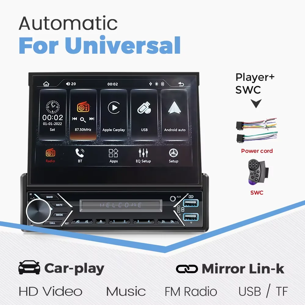 1 Din Universele Mp5 Draadloze Android Auto Carplay Auto Radio 7Inch Automatisch Intrekbaar Scherm Multimedia Video Speler Opvouwbaar