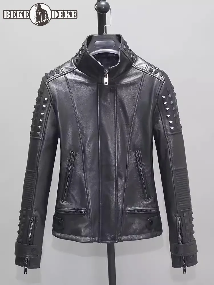 

Slim Fit Punk Rivets Genuine Leather Jacket Women Stand Collar Casual High Street Motorcycle Short Coat Black Sheepskin Jackets