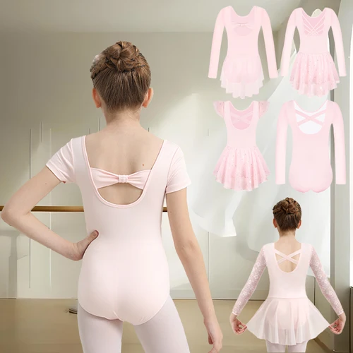 Imagen 1 del producto Leotardos de ballet rosa para niñas, mono de baile con mangas cortas/largas/flotadas para niños, diseño único en la espalda para actuación