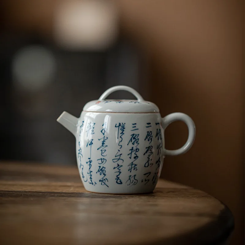 Imitation Ancient Celadon Purely Handwritten Teapot, Drum-shaped Teapot, Poetry Calligraphy Single Teapot, Filtered Brewing Teap