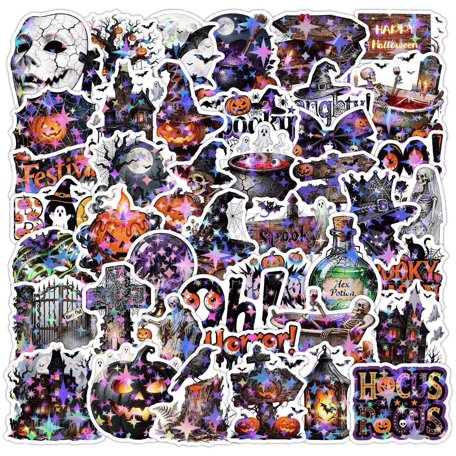 50 Pcs Cartoon Laser Halloween Stickers Spooky Pumpkin Holiday Creative Waterproof Vinyl Decals for Laptop Journal Phone Gift