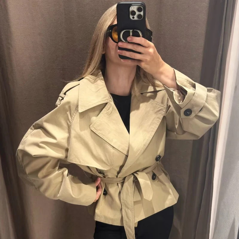 HXAO Crop Khaki-Jacke, Damenjacke, Herbst, Langarm, Schulterpolster, doppelreihig, mit Gürtel, kurzer Trenchcoat, modische Oberbekleidung – Detail 7