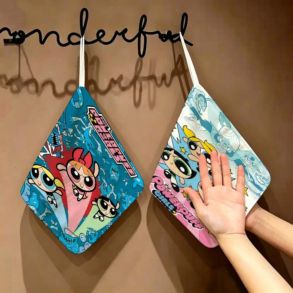 Cartoon The-P-Powerpuffs-G-Girls Polyester Cotton Hanging Kitchen Towel, Soft Hand Wiping Towel, Reusable Kitchen Bathroom Home