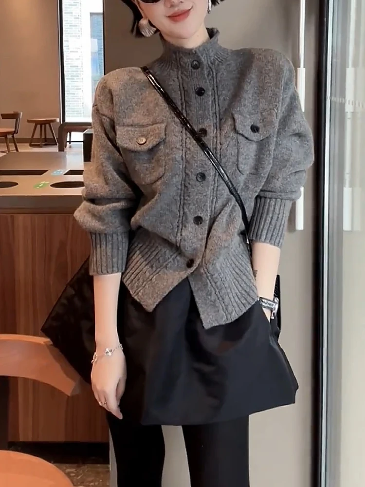 

Faionable Knitted Sweater with Double kets Twist Design Hepburn Sle Small Fraance Sle for plus Size Women Winter O...