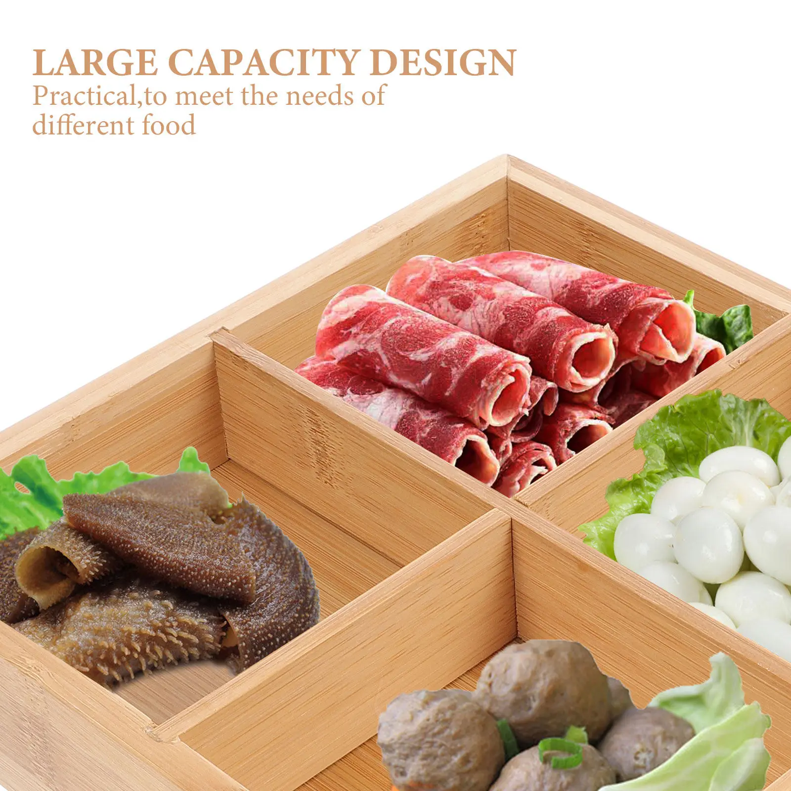 Bamboo Serving Tray with 6 Compartments Wood Food Dish for Fruits Vegetables Snacks Hot Pot Party Appetizers Dessert - view 6
