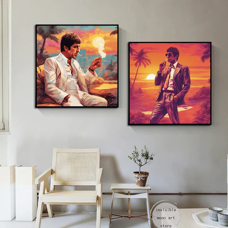 Classic Movie Scene Mafia Scarface Smoking Palm Tree Landscape Art Poster Canvas Painting Wall Prints Picture Room Home Decor