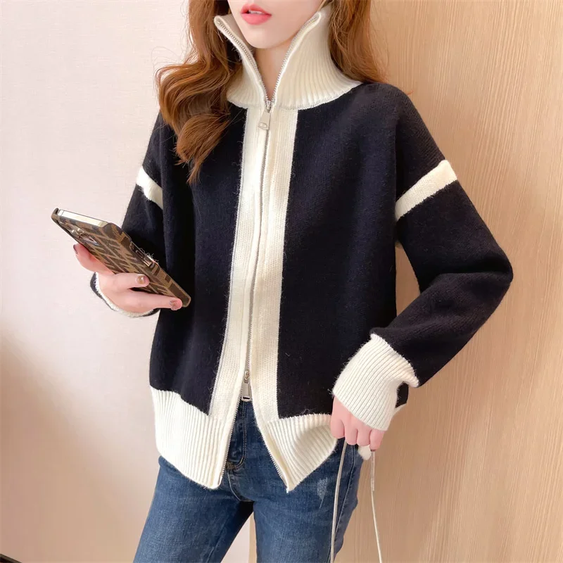 

New Fashion Korean Long Sleeve High Neck zipper Sweater Coat Ladies Top Spring Autumn Knitted Cardigan Sweater Jacket Women 2025