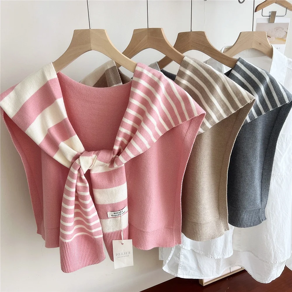 

Korean Striped Line Knitted Shawl Summer Air Conditioning Fake Collar Neck Guard Knit Thin Knotted Cape Shoulder Scarf For Women