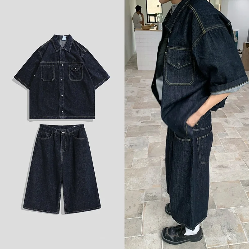2026 American Retro Denim Suit Men's Summer New Shirt Seven-point Wide-leg Pants Two-piece Set