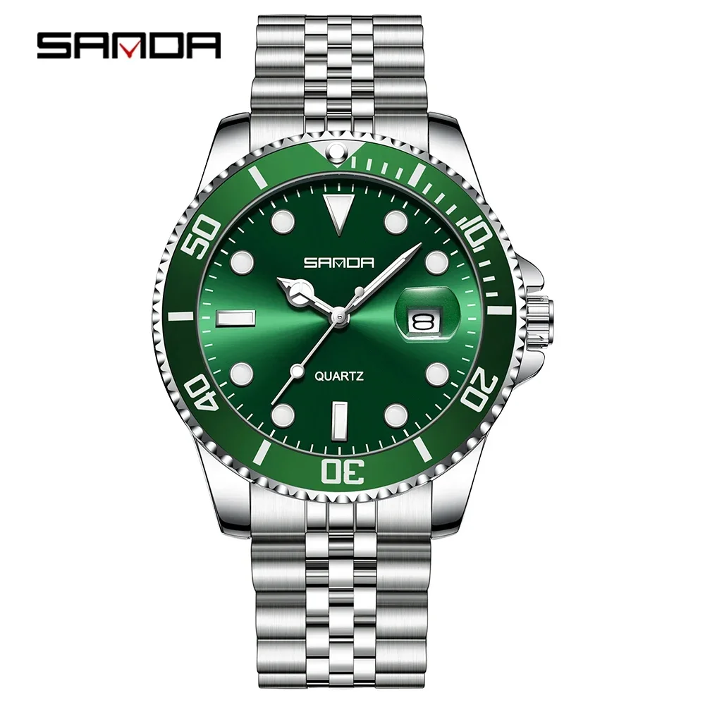 SANDA SD1099 Reloj de cuarzo de lujo a la moda para hombre, reloj de cuarzo fantasma de agua verde, calendario de luz nocturna, reloj de cuarzo resistente al agua