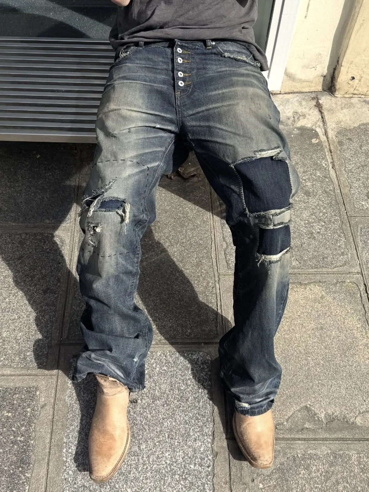 NO FAITH dirty dyed old blue patch ripped red ear bootcut jeans