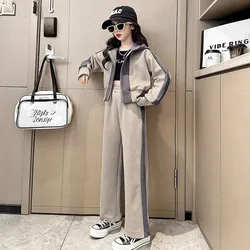 2023 autumn winter Girls Teenager tracksuit patchwork sport zipper Jacket hooded + straight pants child set 4 7 10 5 9 12 year