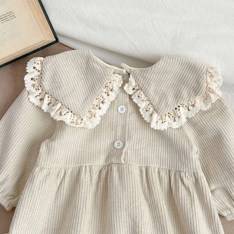 2024 New Spring Children Clothes Toddler Baby Girls Romper+Hat Long Sleeved Corduroy Lace Splicing Korean Style Climbing Suit