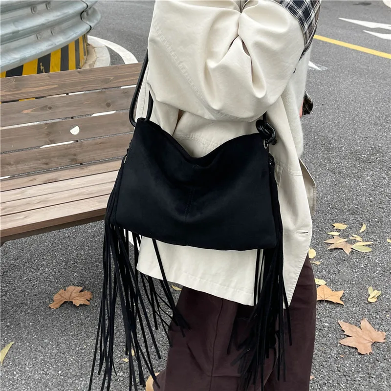 العصرية طويلة شرابة حقيبة كتف المرأة خمر الجلد المدبوغ حقيبة يد ومحفظة الإناث عالية السعة Crossbody حمل حقيبة ريترو كيس الرئيسي #5