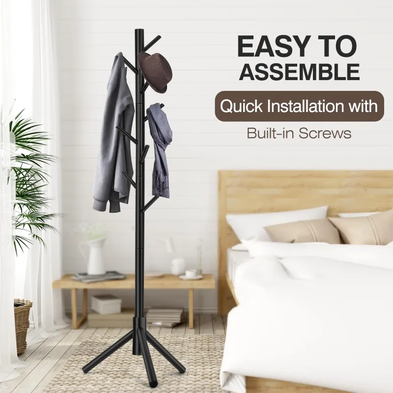Wholesale Modern Wooden Corner Standing Coat Rack with 8 Hooks and 3 Adjustable Size Tree-Shaped Coat Racks for Bedroom