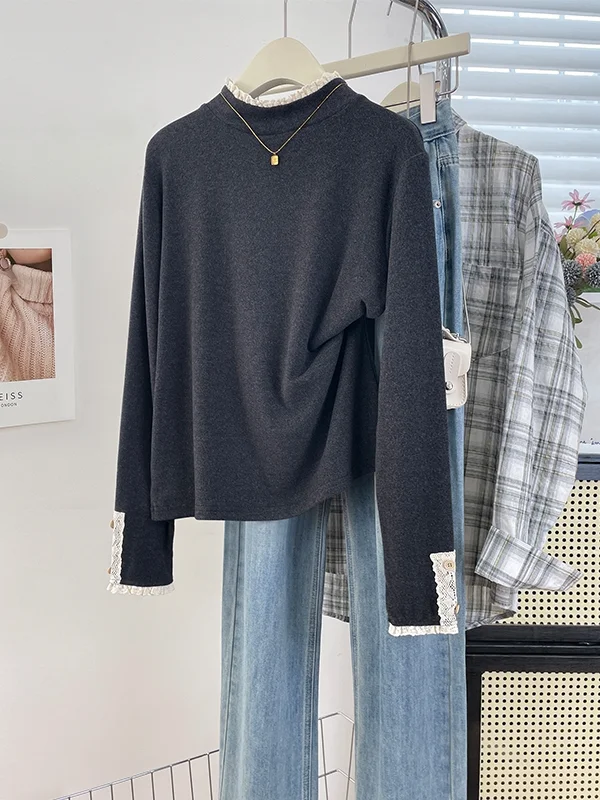 

Женский топ Lace Splice Thiened, двусторонний бархатный длинный свеч с высоким воротником Lazy Faion, внутренняя одежда на зиму