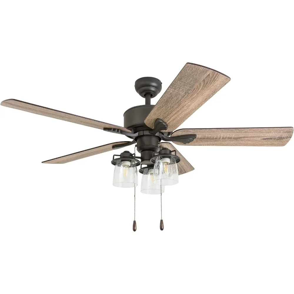 2-inch farmhouse LED ceiling fan with light, zipper, three installation options, 5 reversible motors with dual facing blades