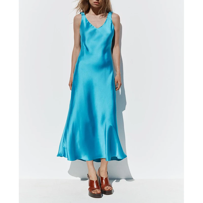 春の新作 Briti Sle Vネック シルクサテン風 スリムストラップ ミディ丈 レディース 通勤 ハイウエスト Aライン ロングスカート