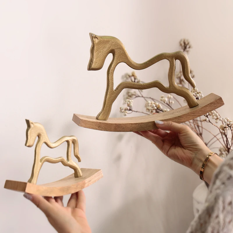 Home Living Room Book Desktop Rocking Gold Wooden Horse Entrance Decoration Spirit Gilt Pony Art Ornaments