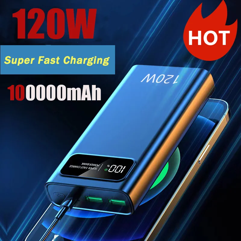 120W Power Bank 100000mAh Super Fast Charging Ultra-High Capacity Digital Display External Battery PowerBank For iPhone Xiaomi