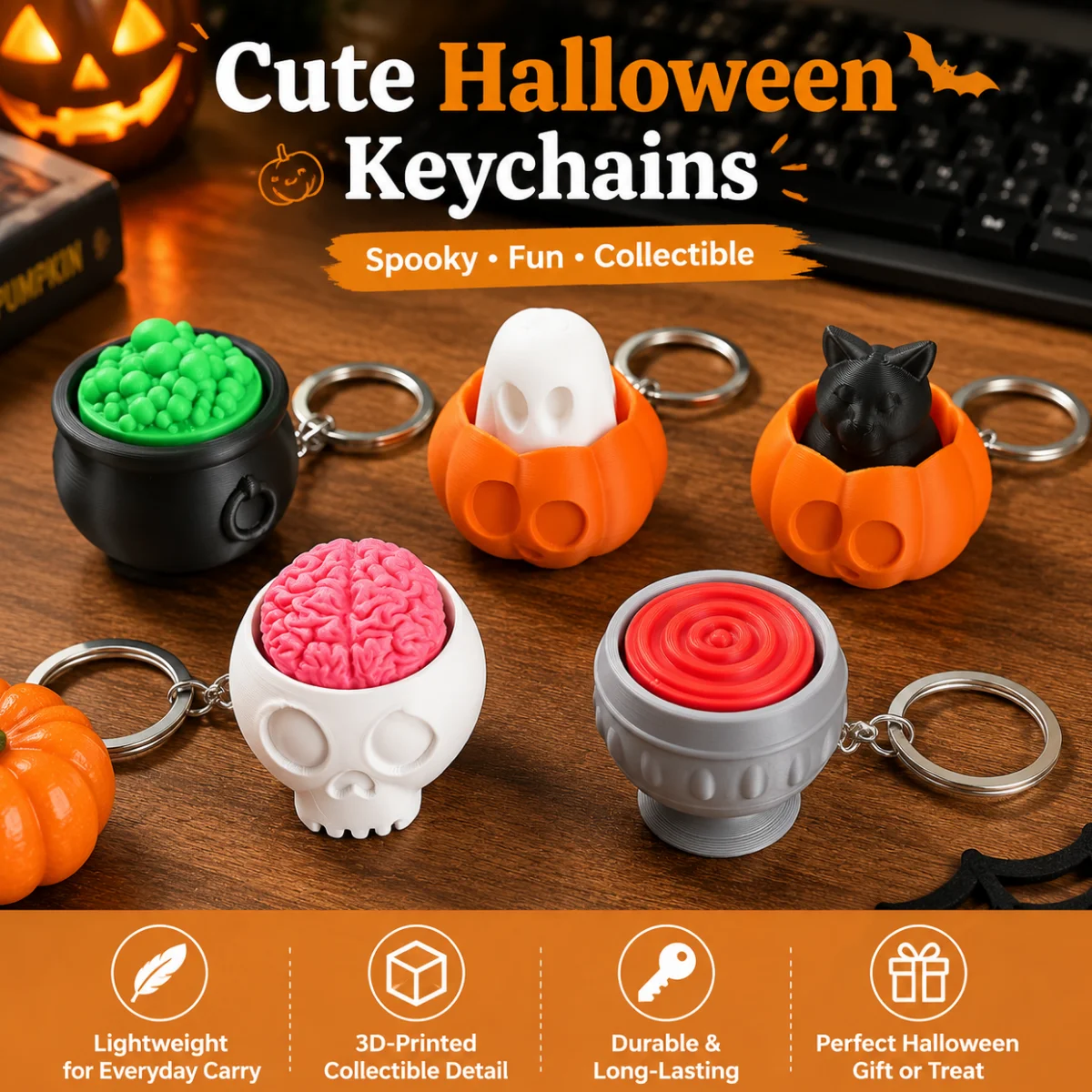 1Pc Spooky Halloween Pop‑it Clicker Keychain,Eco‑Friendly PLA Fidget Toy,Novelty Ghost Pumpkin Cauldron Backpack Pendant