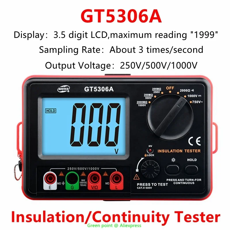 5PCS Portable GT5306A Digital Display Insulation/Continuity Tester DC 250V/500V/1000V AC 750V For Electric Power Facilities