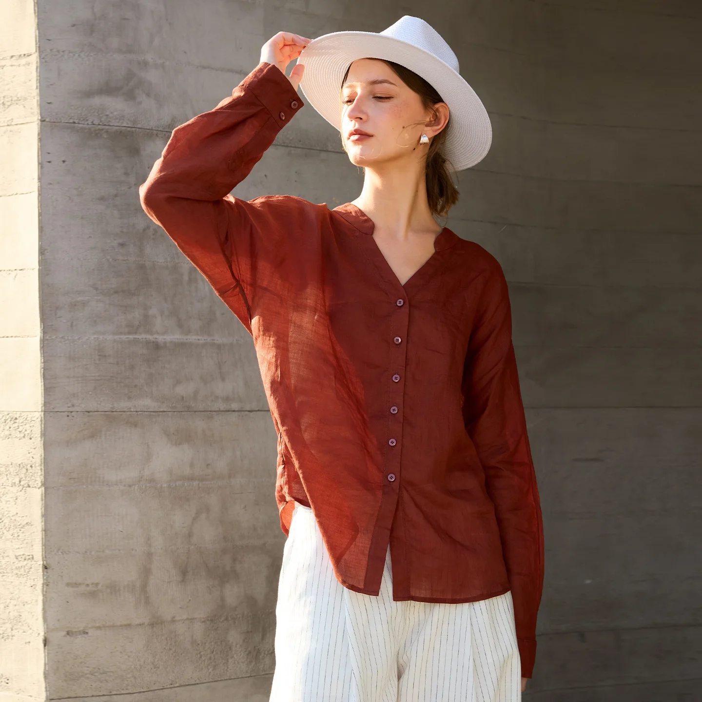 100% Ramie Women's V-Neck Shirt Vintage Long-Sleeve Blouse Summer New Vacation Lightweight Sun-Protective Shirts