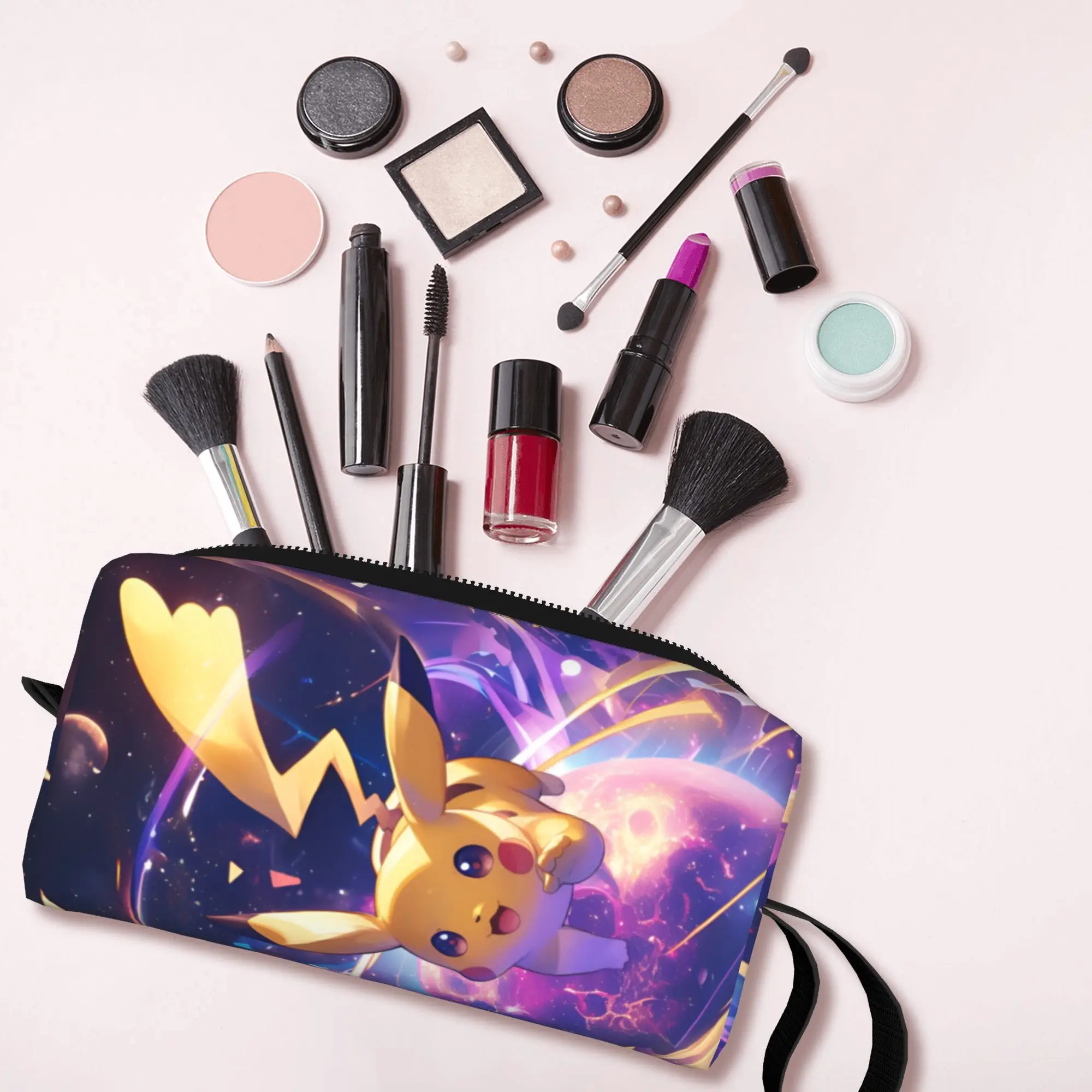 Bolsa de Aseo de Viaje con Diseño de Pikachu de Pokémon para Mujer, Linda Bolsa de Maquillaje con Estampado de Rayos, Neceser de Belleza