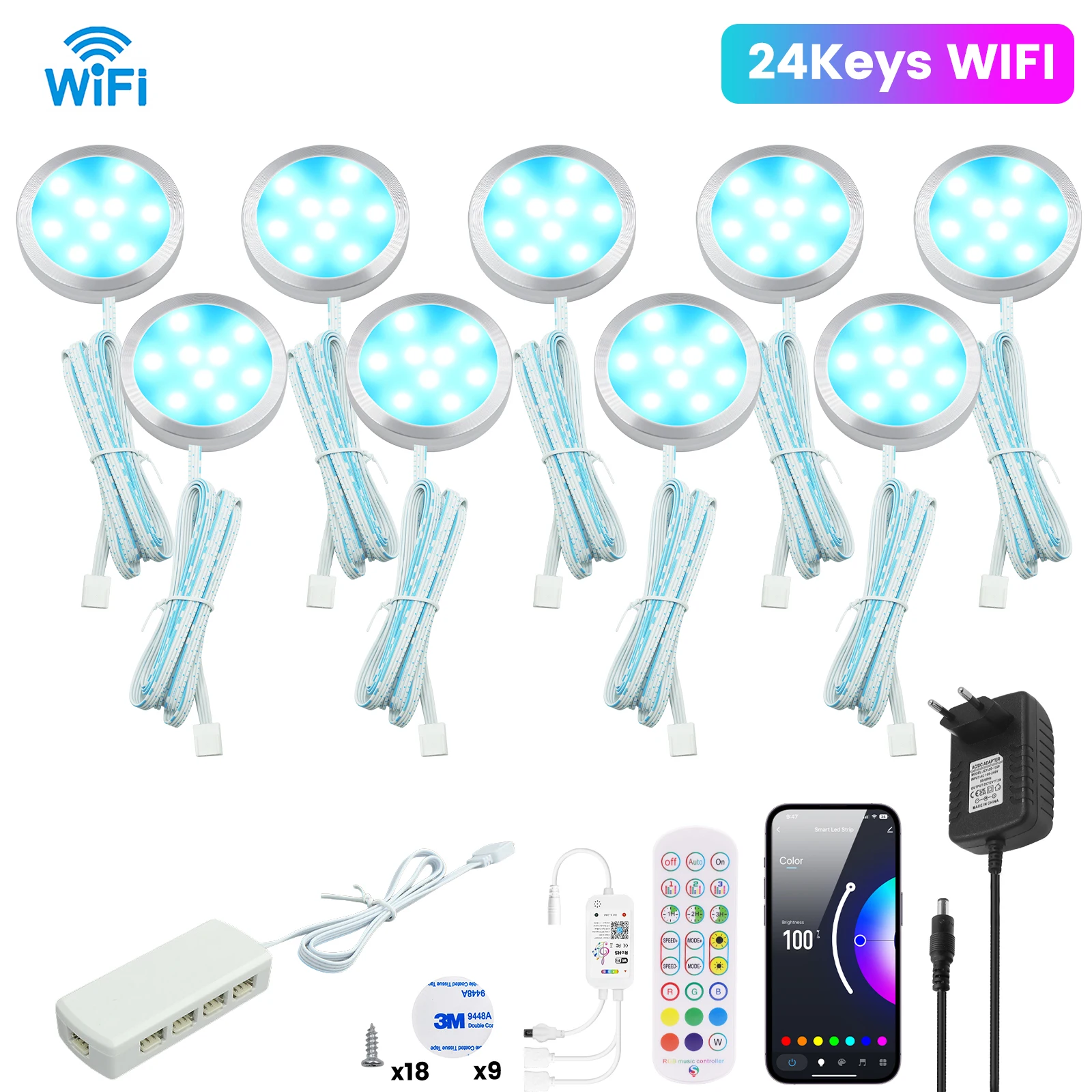 Tuya WiFi Smart RGB LED Under Cabinet Light DC 12V Ultra-Thin Round Lamp Decor Night Light for Kitchen & Furniture