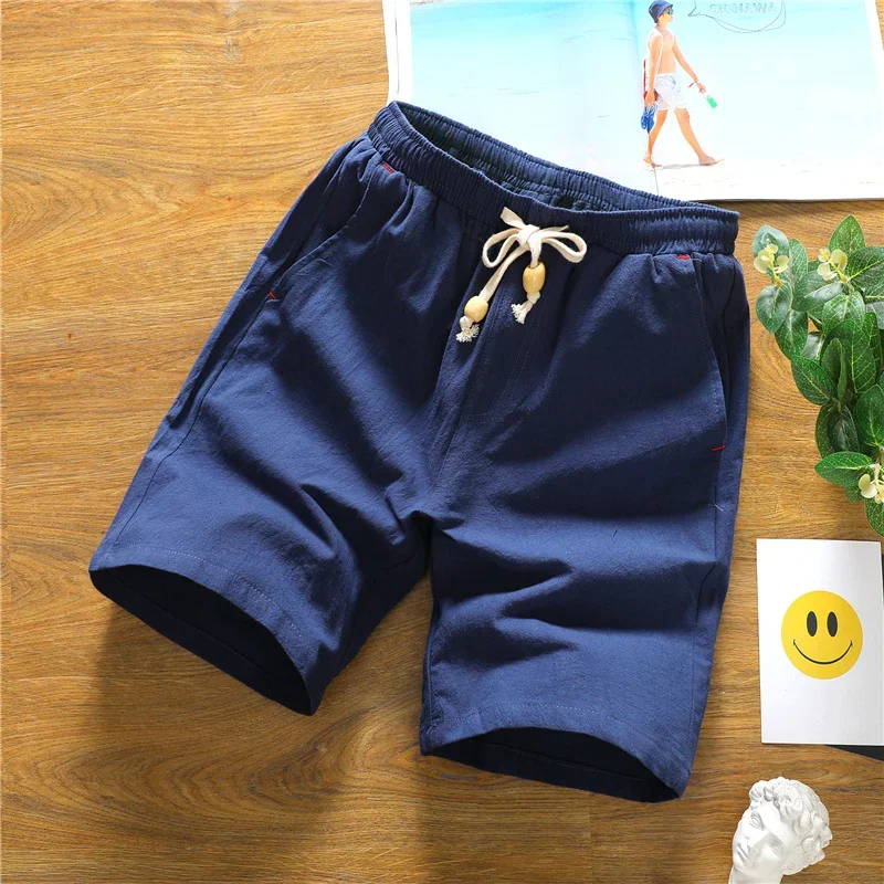 Pantalones cortos Capris de algodón y cáñamo para hombre, Shorts delgados e informales, holgados y grandes, Verano