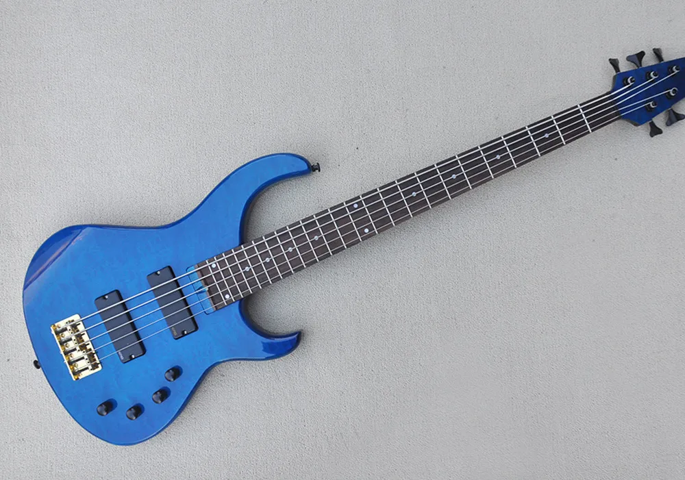 Factory custom 5 Strings Blue Electric Bass Guitar with Cloud Patterns Veneer,ASH body,Black Hardware，Provide customized service