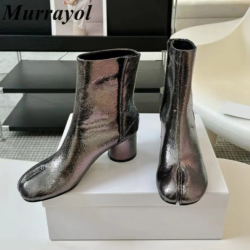 

Split Toe Side Zipper Round Heels Ankle Boots Women Genuine Leather Short Boots Spring Autumn Mary Jane Shoes Single Shoes