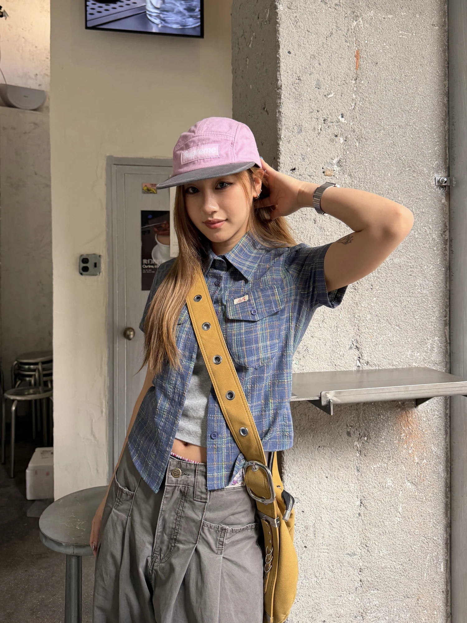 

Chuan Chuan Ye Original Plaid Short Sleeve Shirt Women's Slim Fit American Casual Style Short Top for Summer