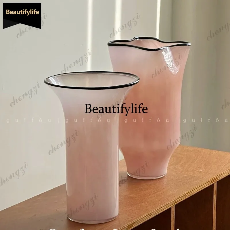 D80 pink glazed water flower dining table with rose wide mouth new Chinese vase