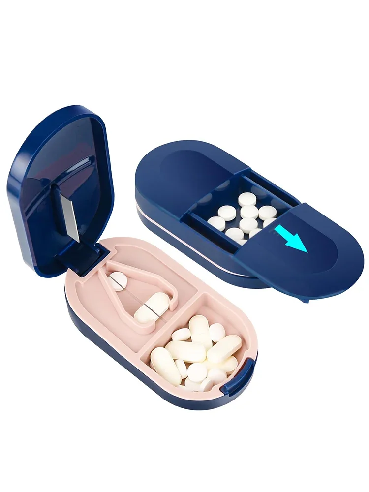 حافظة حبوب منع الحمل المحمولة 2 في 1 مع شفرة من الفولاذ المقاوم للصدأ لأقراص الفيتامينات الصغيرة أو الكبيرة، مقصورة منظم حبوب منع الحمل #4