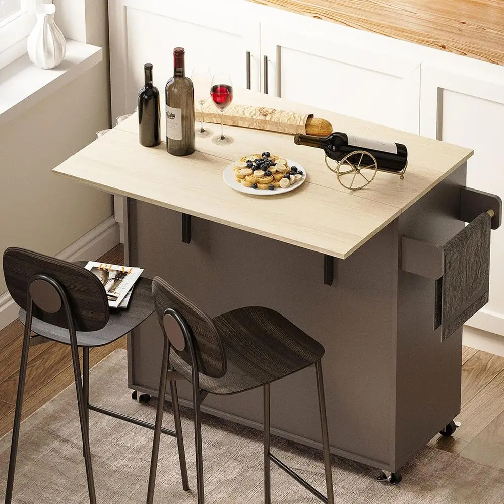 جزيرة مطبخ من الخشب الصلب بقدرة 47 وات مع أوراق شجر متدلية، درج، تخزين، رف توابل ومنشفة، رمادي داكن