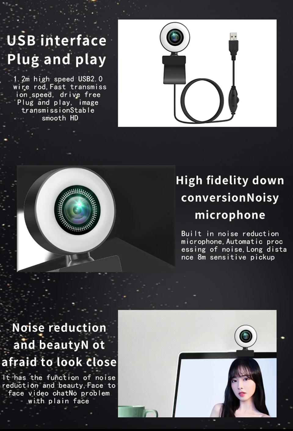 كاميرا ويب كاميرا صغيرة p ، كاميرا usb ، مع ضوء حلقة ، للكمبيوتر ، يوتيوب ، الكمبيوتر الشخصي ، الكمبيوتر المحمول ، الفيديو ، العيش