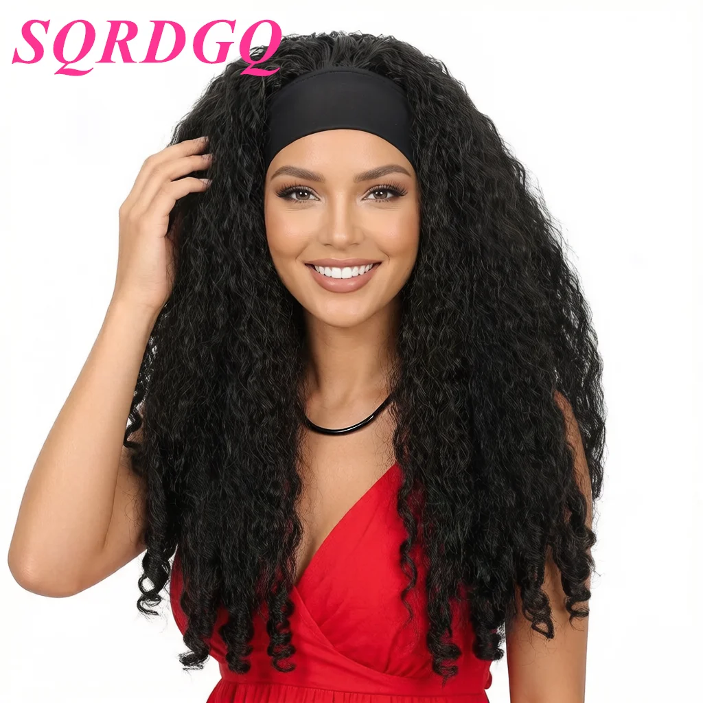 

SQRDGQ Женские парики из синтетических волос, прямые, с кудрявыми концами, с повязкой на голову, готовые к ношению, черные парики для женщин