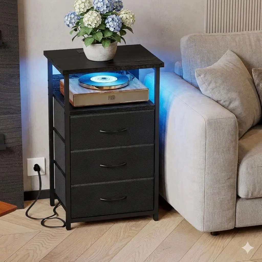 Modern Smart LED Nightstand Bedside Table with USB Charging Station Power Outlets 4 Fabric Storage Drawers PU Leather Finish Black Bedroom Furniture Cabinet