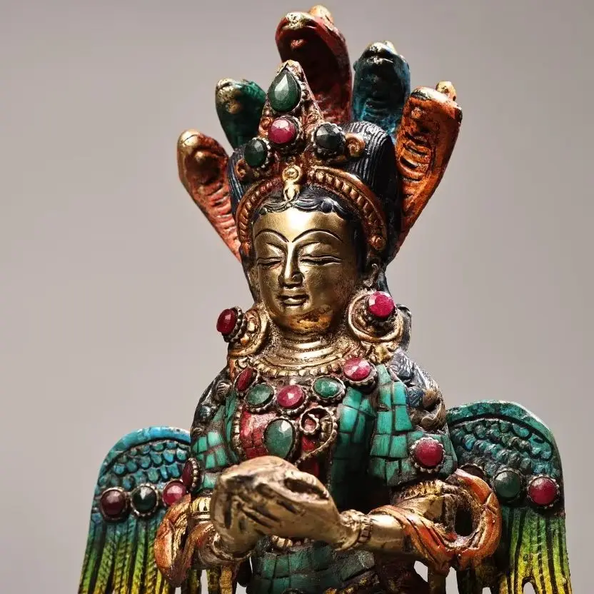 

9"Tibetan Temple Collection Old Bronze Outline in gold Mosaic Gem Turquoise Nagarjuna Buddha Five Head Snake Worship Hall