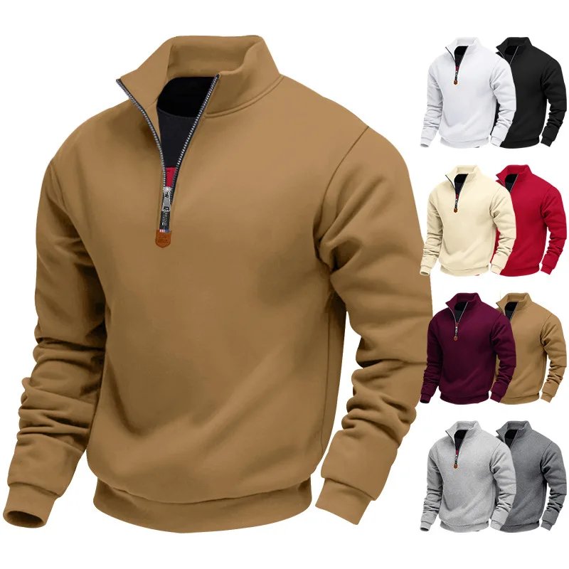 

Hot Selling American Heavyweight Fleece Skin Friendly Warm Men's Stand Up Collar Long Sleeved Half Zip Sports and Casual Sweatsh