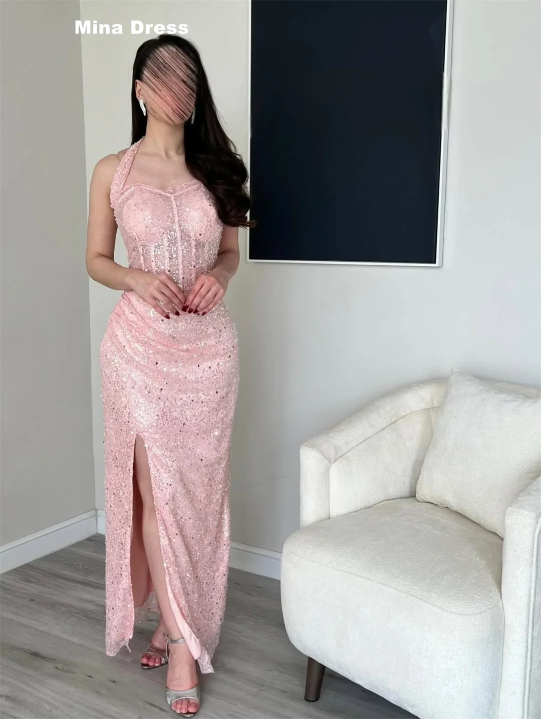 

Mina Customized Pink Elegant Party Dresses for Special Occasions Beads Prom Dress Halter Neck Sequins Slit Evening Luxury Events