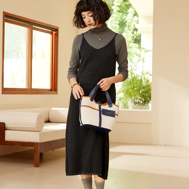 New sleeveless dress halter New knitted 100% cashmere solid color long dress design sense slim waist knit dress women