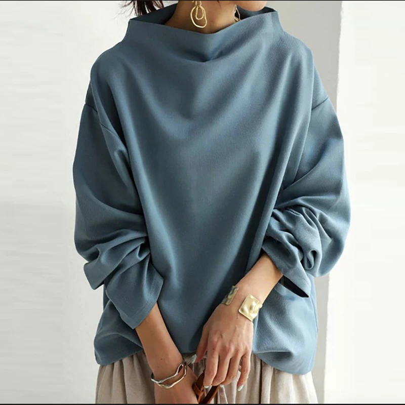 Autumn Simple Women's Long Sleeved Commuting Top New 2024 Streetwear Loose Blouses Casual Half High Collar Solid Color Pullover