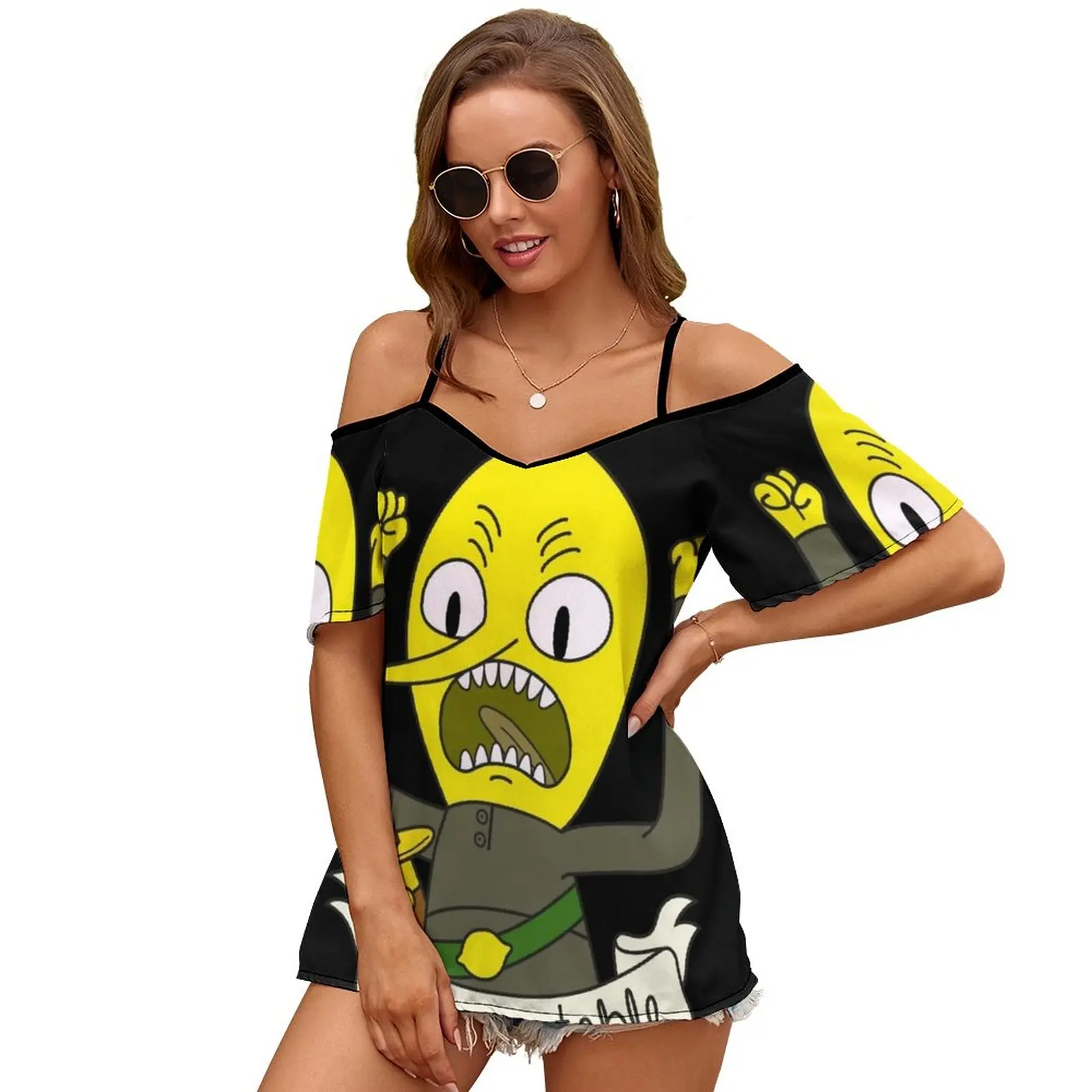 Lemongrab Women\'S T-Shirt New Fashion Printed Zipper V-Neck Short Sleeve T Shirts Casual Plus Size Adventuretime Lemongrab