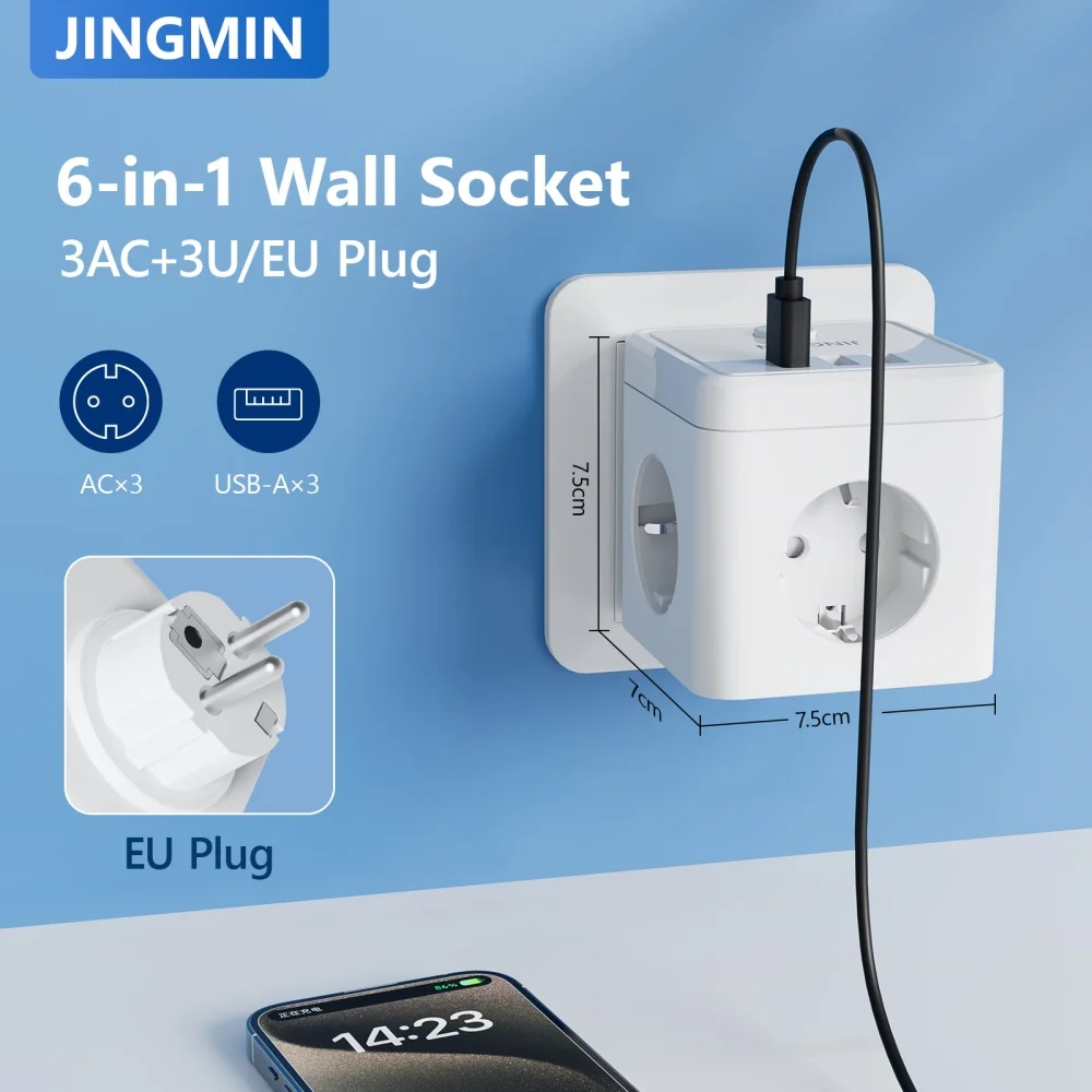 JINGMIN Wall Socket Extender with 3 AC Outlets 3 USB Ports 6 in1 EU Plug Charger On/Off Electrical Power Strip Switch For Home