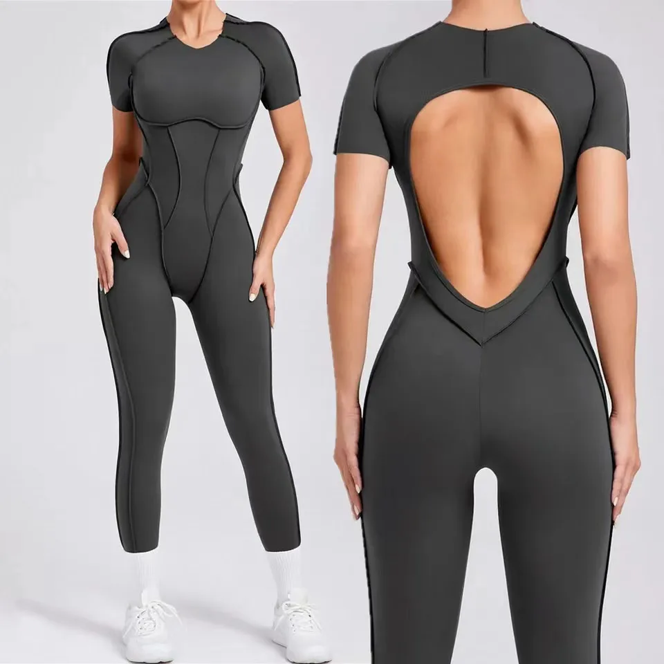 Yeni sonbahar/kış kadın tek parça Yoga tulum tayt uzun kollu kısa kollu Backless Slim Fit spor kıyafet