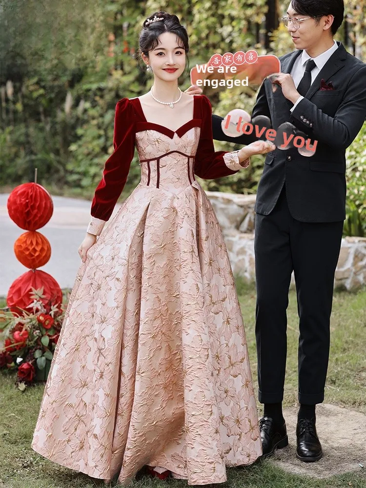 

Red Wedding Dr Women's New 2025 Ele Simple Sle Long Sve Floor Length Evening Gown for Engagement Par Wedding