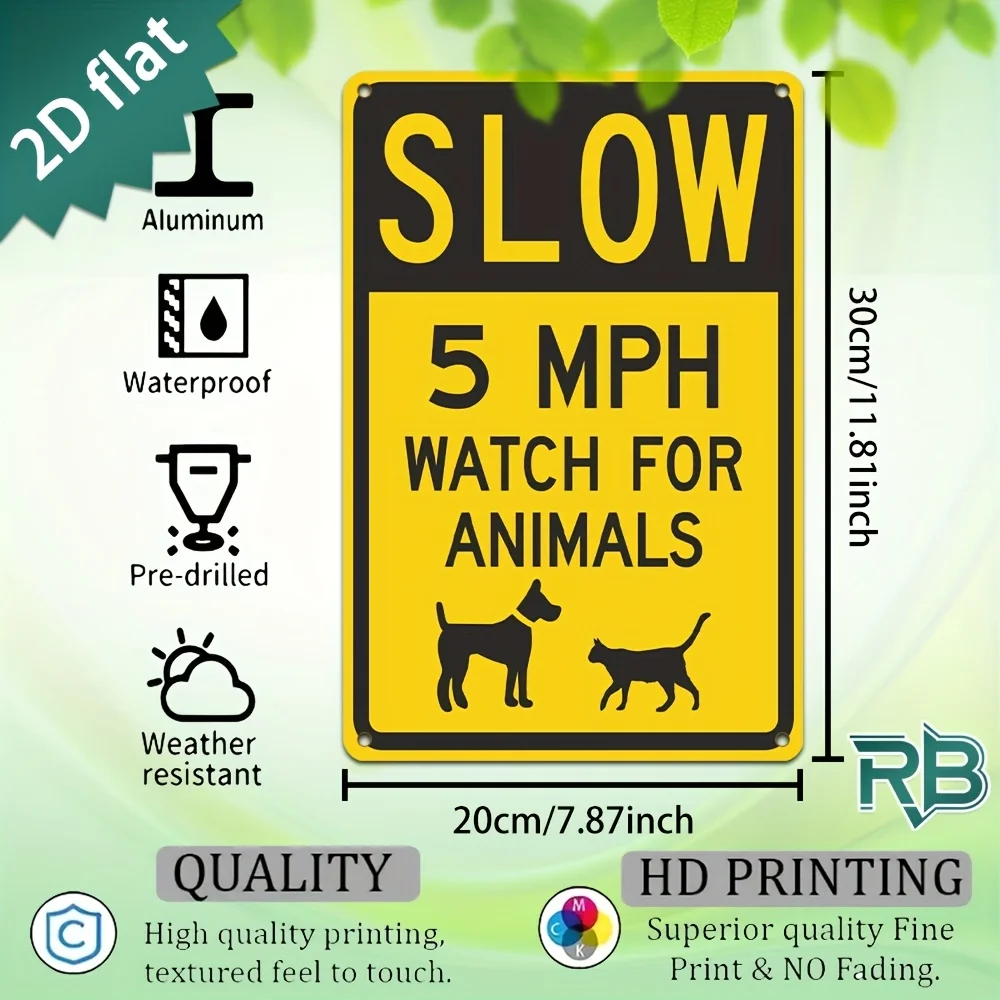 New Trendy HD Metal Wall Art - Funny SLOW 5 MPH Watch For Animals Metal Sign, 2D Flat Tin Sign, Yellow Black Warning Sign, Cute